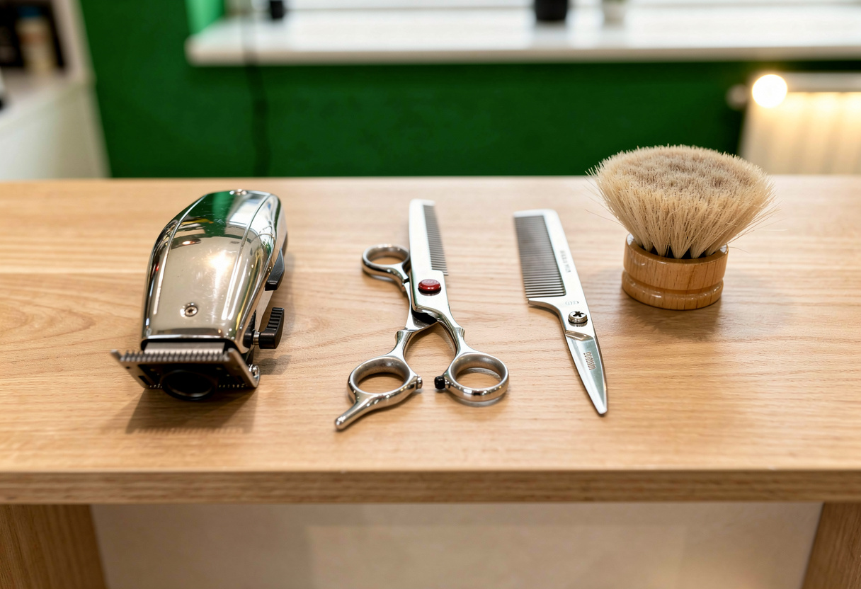 Frisch geputztes Friseurwerkzeug auf der honigfarbenen Holztheke: Chrom-Haarmaschine, Edelstahlschere, zwei Kämme und ein Nackenpinsel